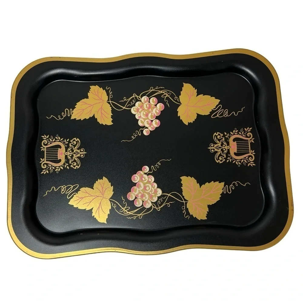Vintage Trays set of 4 Large Black Floral Tole Metal Hand Painted Toleware Trays